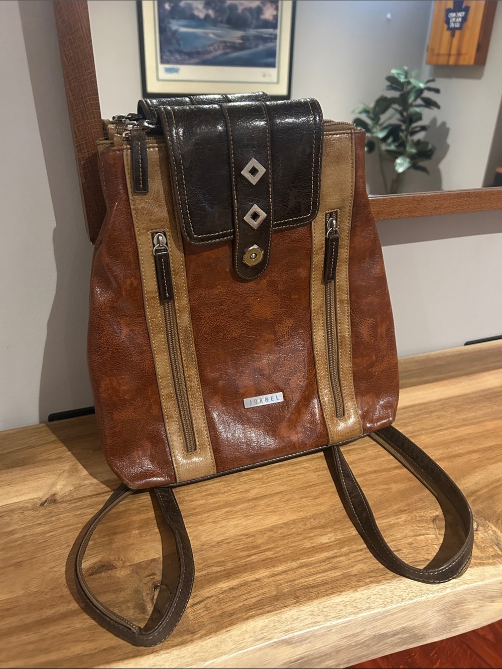 Vintage Brown & Tan Leather Backpack with Dark Brown Trim